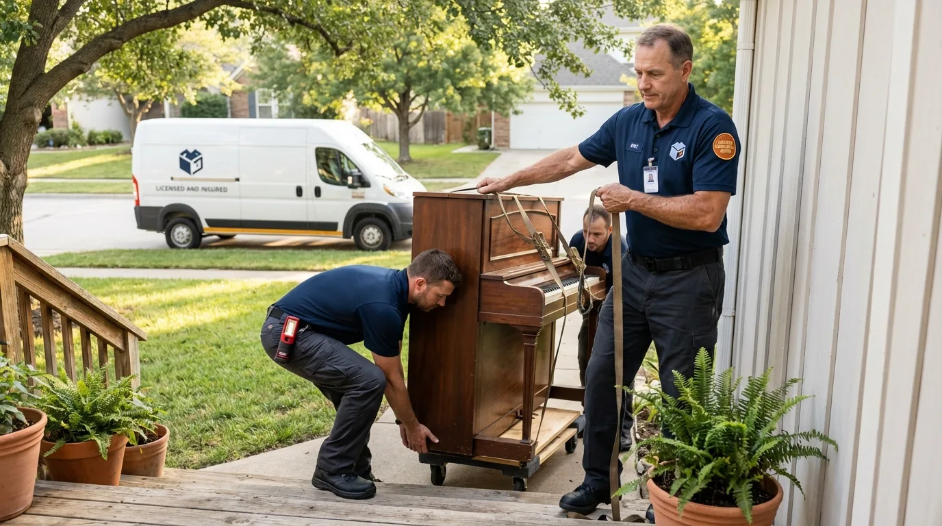 Licensed piano movers securing grand piano in Humboldt, TN